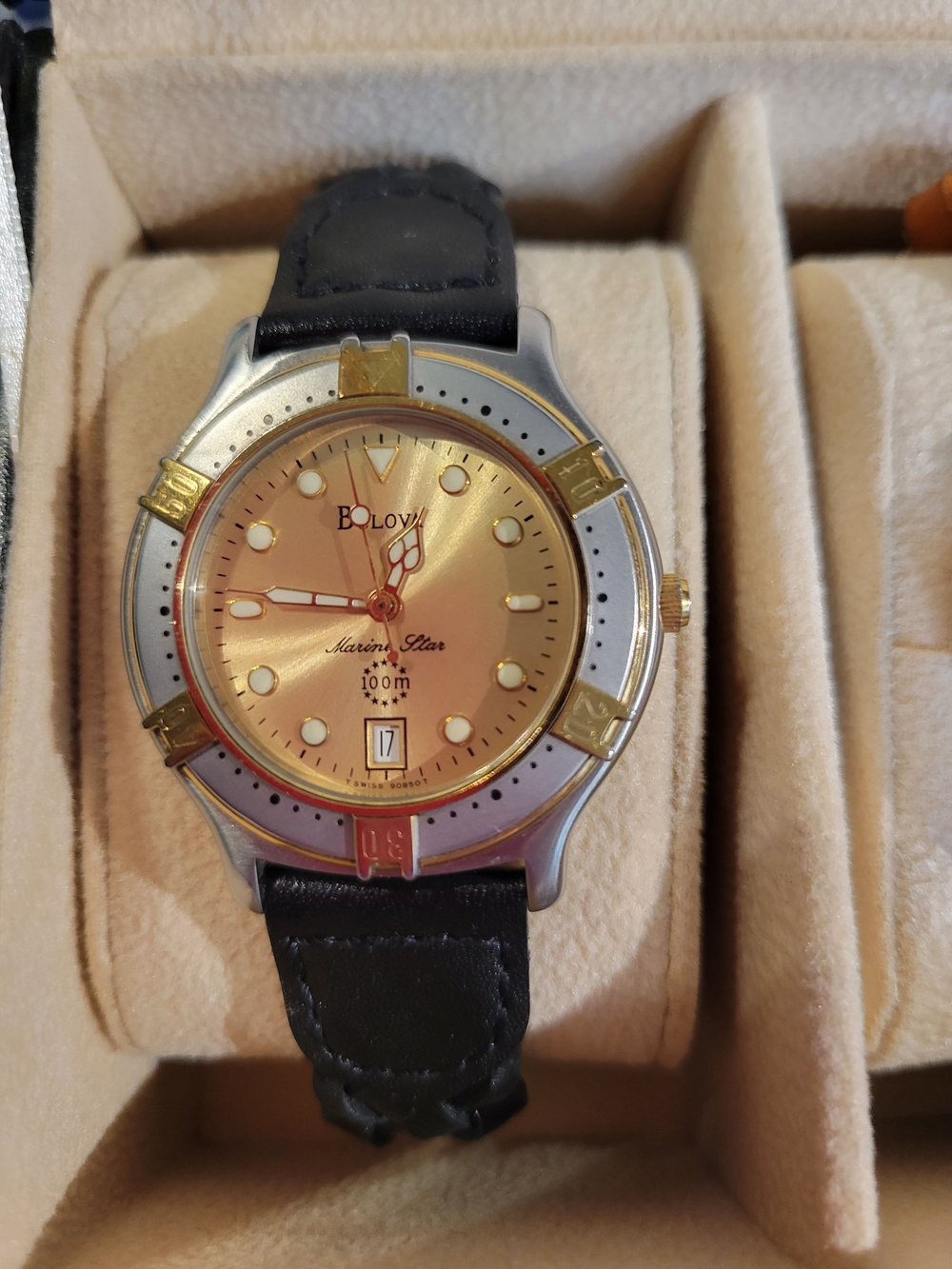 Bulova Two-Tone Gold Dial Black Leather Strap Watch